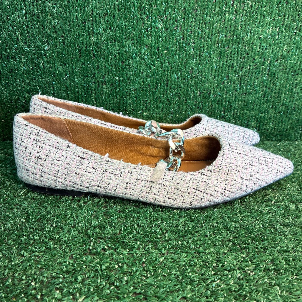 ASOS Design Tweed Pointed Toe Silver Chain Link Accent Preppy Flats Pink Women 8